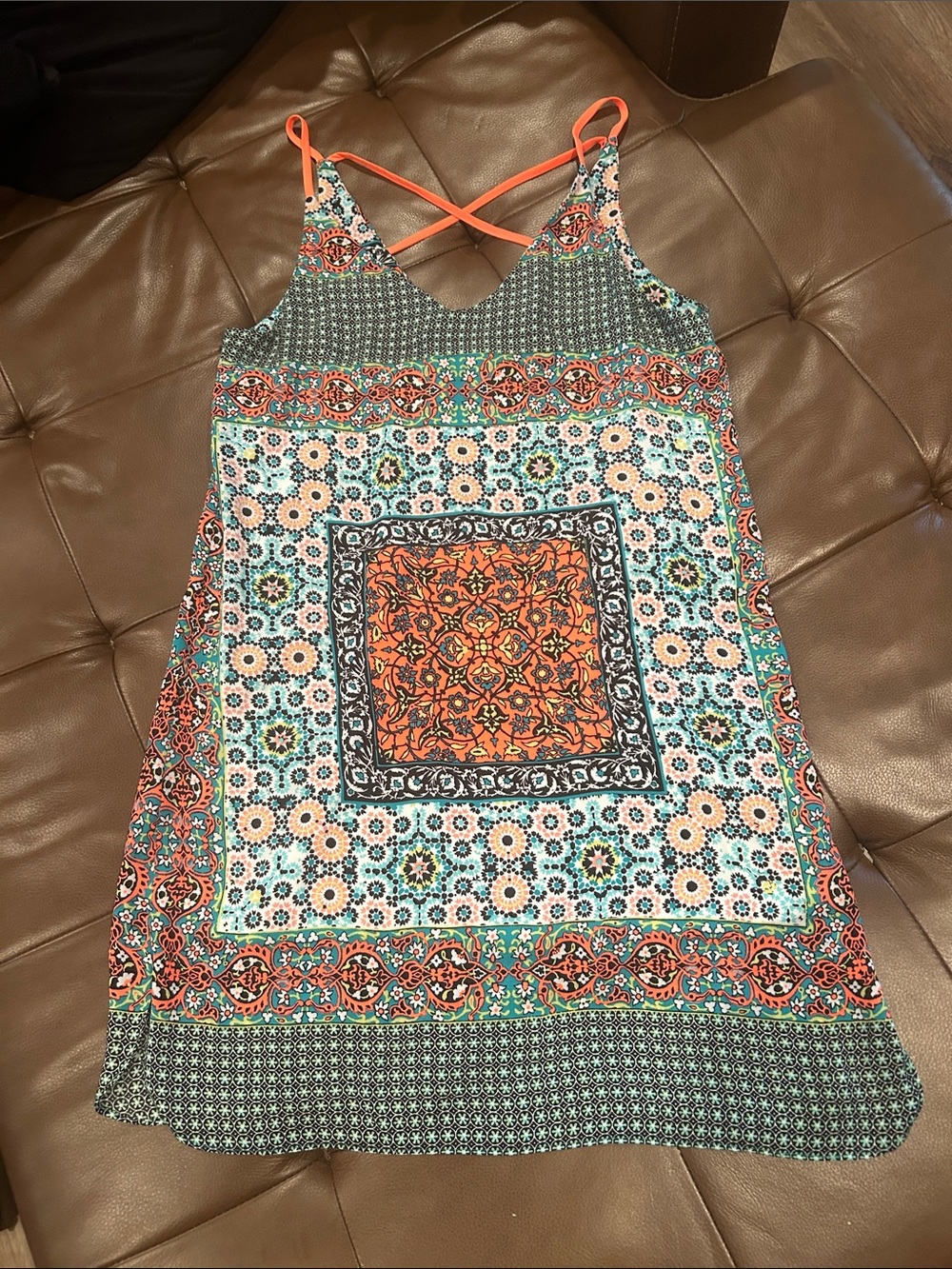 GB women’s  Orange & Teal Mosaic-Print Strappy Mini Dress
